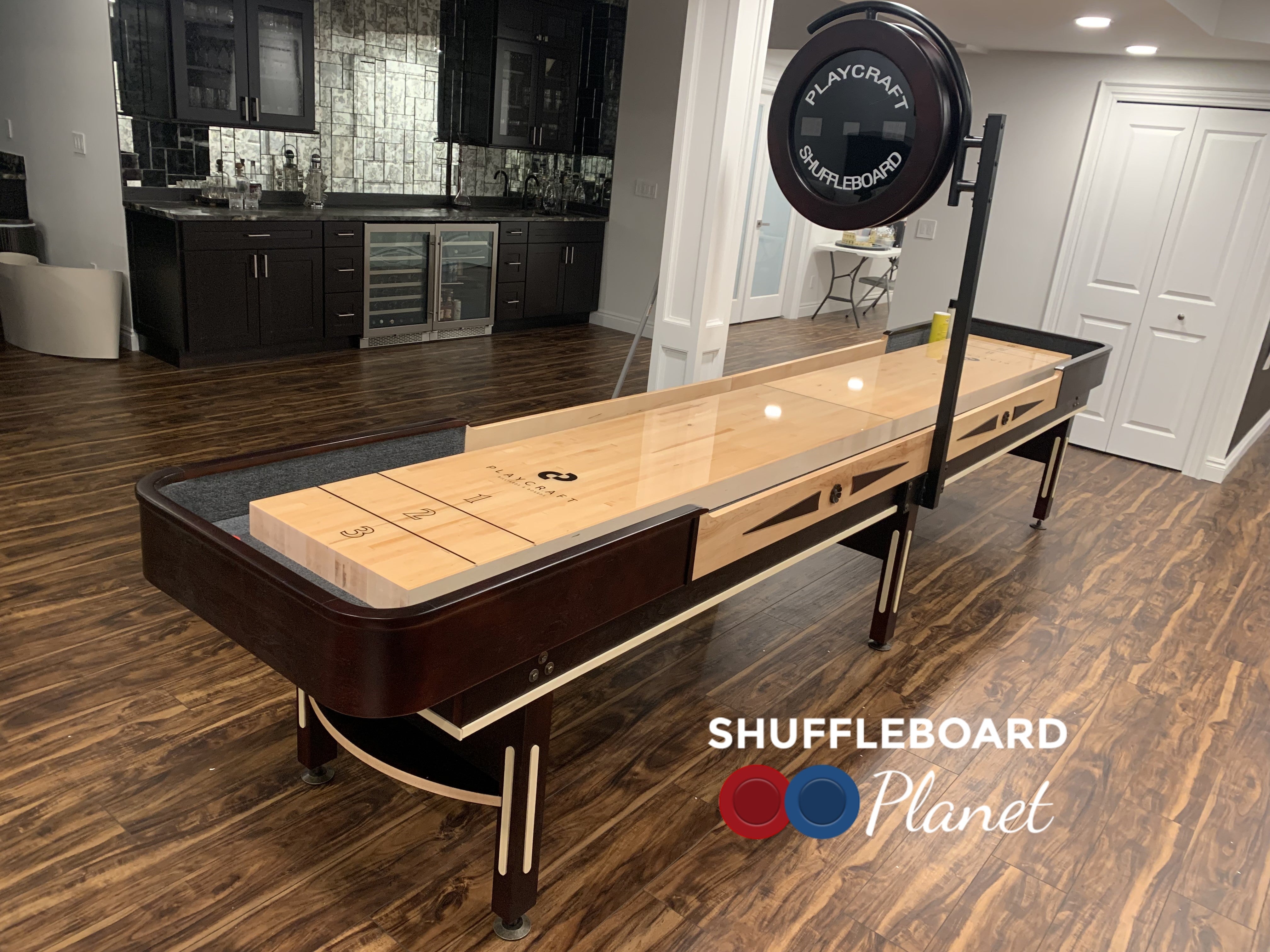 Playcraft Telluride 12' Pro Style Shuffleboard Table in Espresso with optional Overhead Electronic Scoring